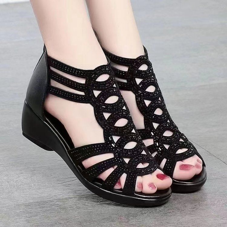 Low Heel Glitter Perforated Sandals