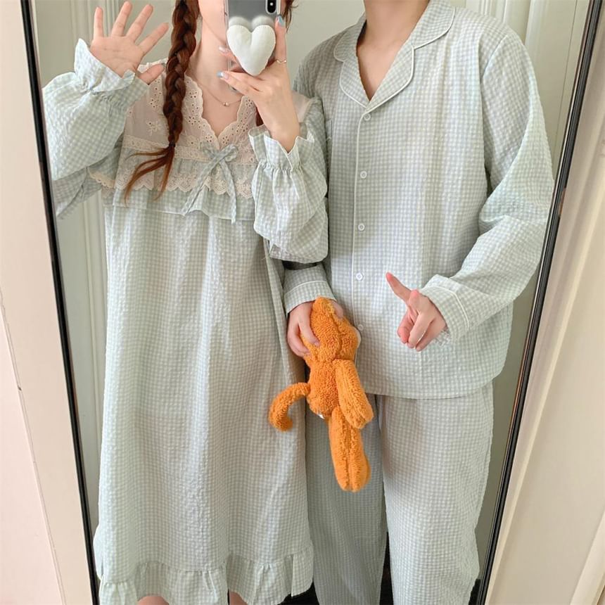 Couple Matching Long-Sleeve V-Neck Gingham Print Lace Trim Midi Pajama Dress / Top / Pants / Set (Various Designs)