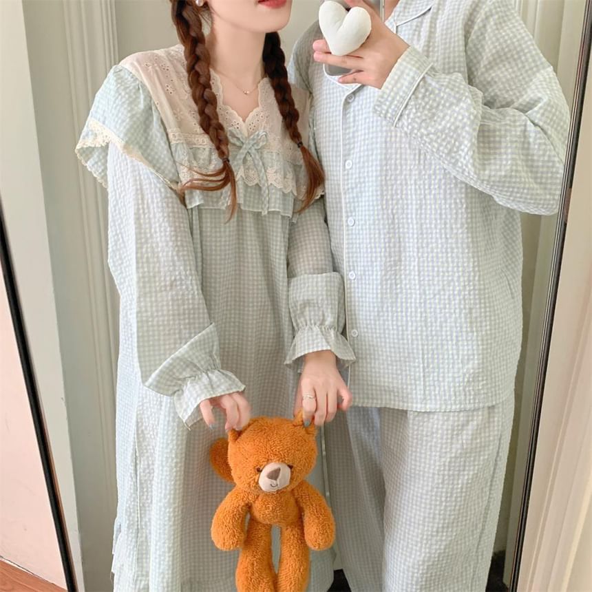 Couple Matching Long-Sleeve V-Neck Gingham Print Lace Trim Midi Pajama Dress / Top / Pants / Set (Various Designs)