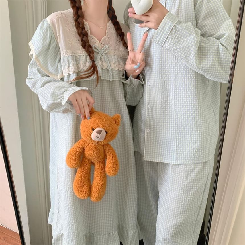 Couple Matching Long-Sleeve V-Neck Gingham Print Lace Trim Midi Pajama Dress / Top / Pants / Set (Various Designs)