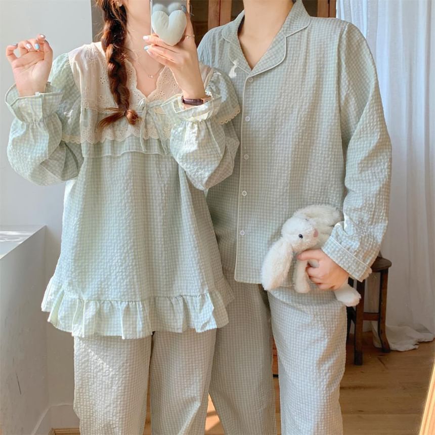 Couple Matching Long-Sleeve V-Neck Gingham Print Lace Trim Midi Pajama Dress / Top / Pants / Set (Various Designs)