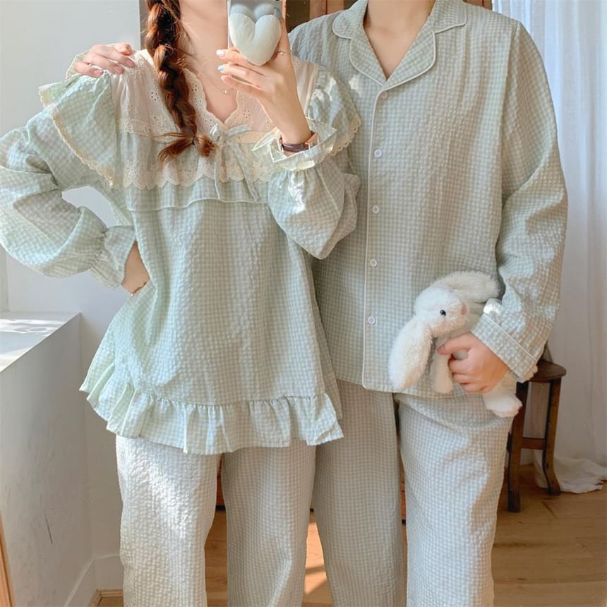 Couple Matching Long-Sleeve V-Neck Gingham Print Lace Trim Midi Pajama Dress / Top / Pants / Set (Various Designs)