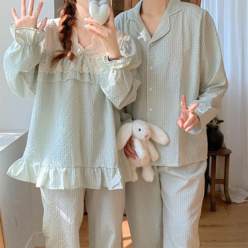 Couple Matching Long-Sleeve V-Neck Gingham Print Lace Trim Midi Pajama Dress / Top / Pants / Set (Various Designs)