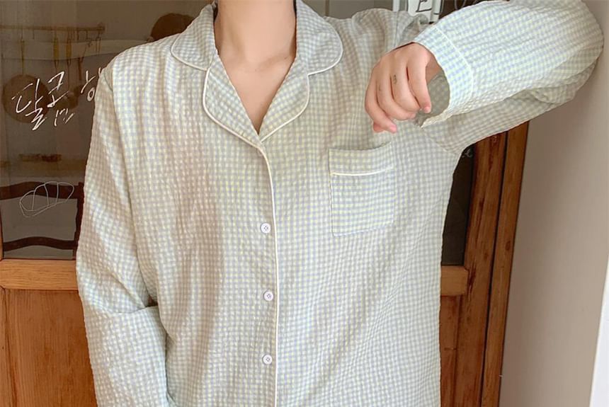 Couple Matching Long-Sleeve V-Neck Gingham Print Lace Trim Midi Pajama Dress / Top / Pants / Set (Various Designs)