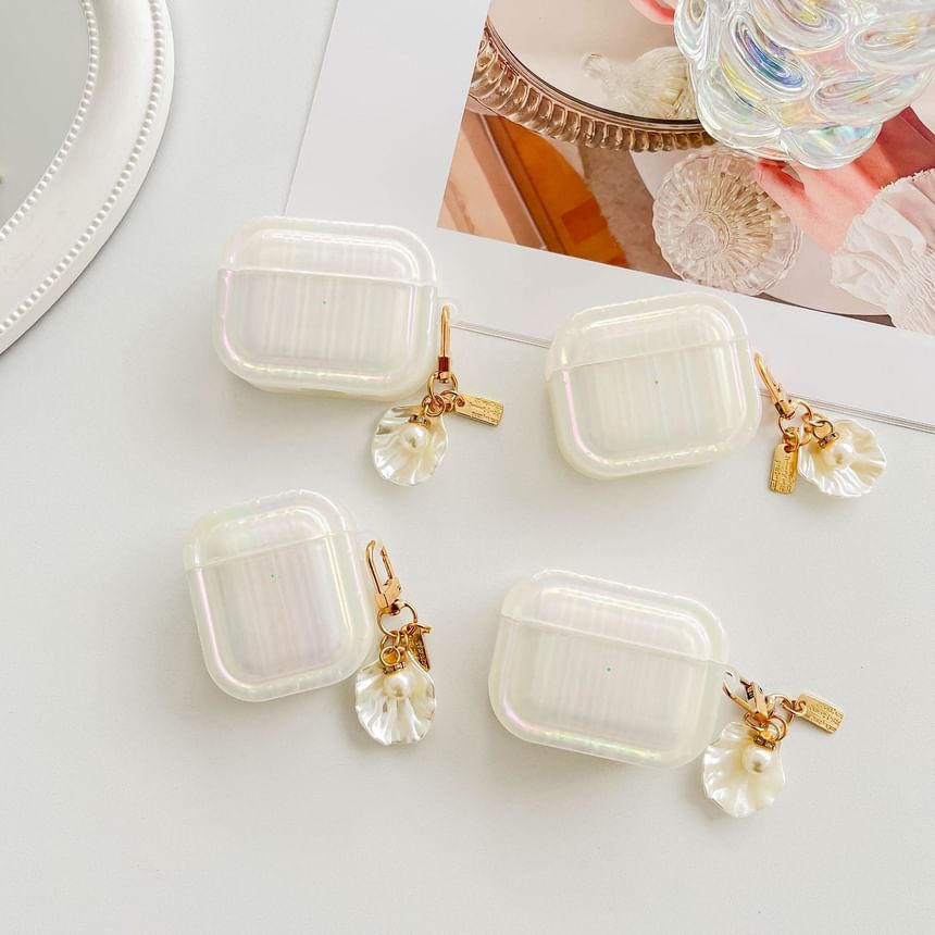 Stripe Texture Pearl White AirPods / Pro Earphone Case Skin With Shell Charm