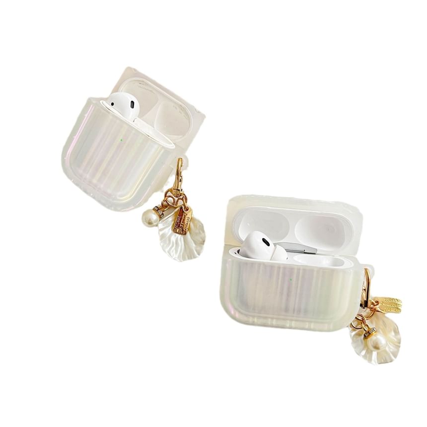 Stripe Texture Pearl White AirPods / Pro Earphone Case Skin With Shell Charm