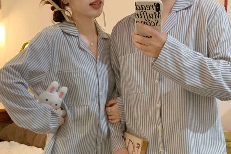 Couple Matching Pajama Set: Long-Sleeve Striped Top + Pants (Various Designs)