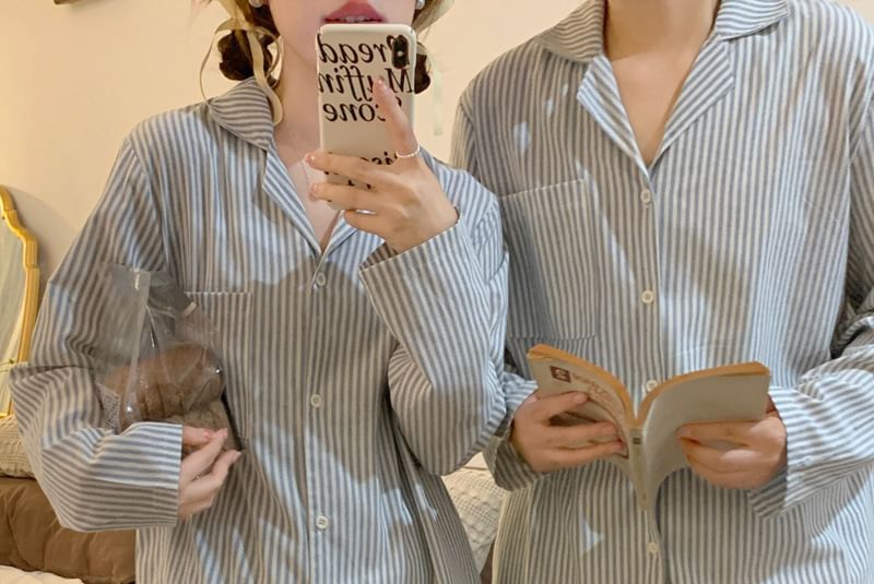 Couple Matching Pajama Set: Long-Sleeve Striped Top + Pants (Various Designs)