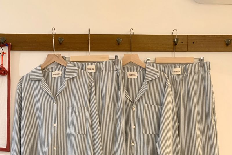 Couple Matching Pajama Set: Long-Sleeve Striped Top + Pants (Various Designs)