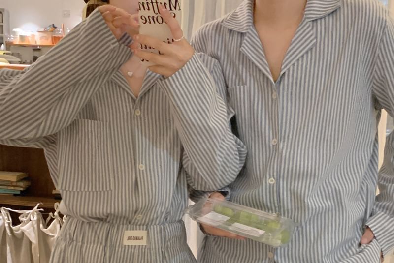 Couple Matching Pajama Set: Long-Sleeve Striped Top + Pants (Various Designs)