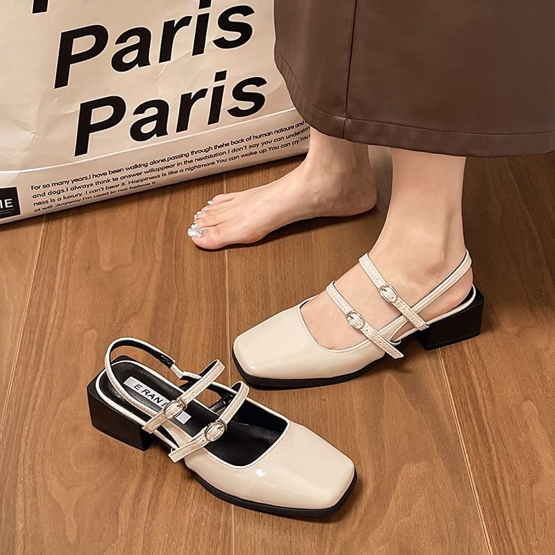 Square Toe Block Heel Buckled Slingback Sandals