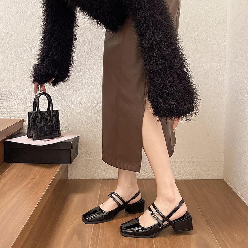 Square Toe Block Heel Buckled Slingback Sandals