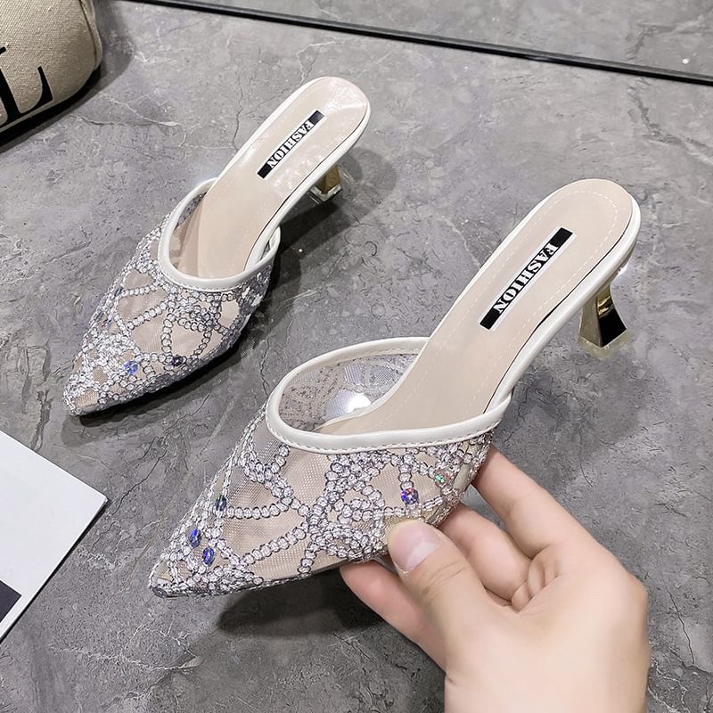 Pointy Sequined High Heel Mules