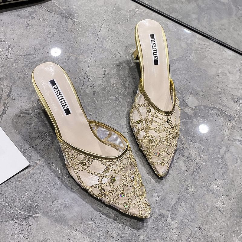 Pointy Sequined High Heel Mules