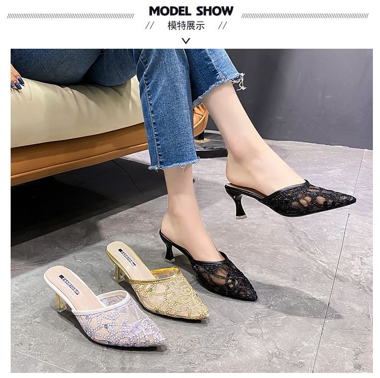 Pointy Sequined High Heel Mules