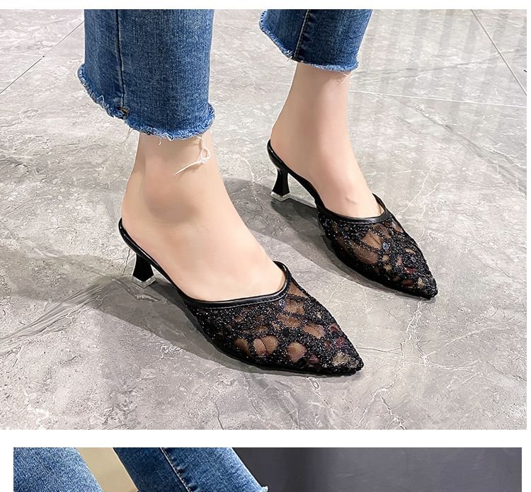 Pointy Sequined High Heel Mules