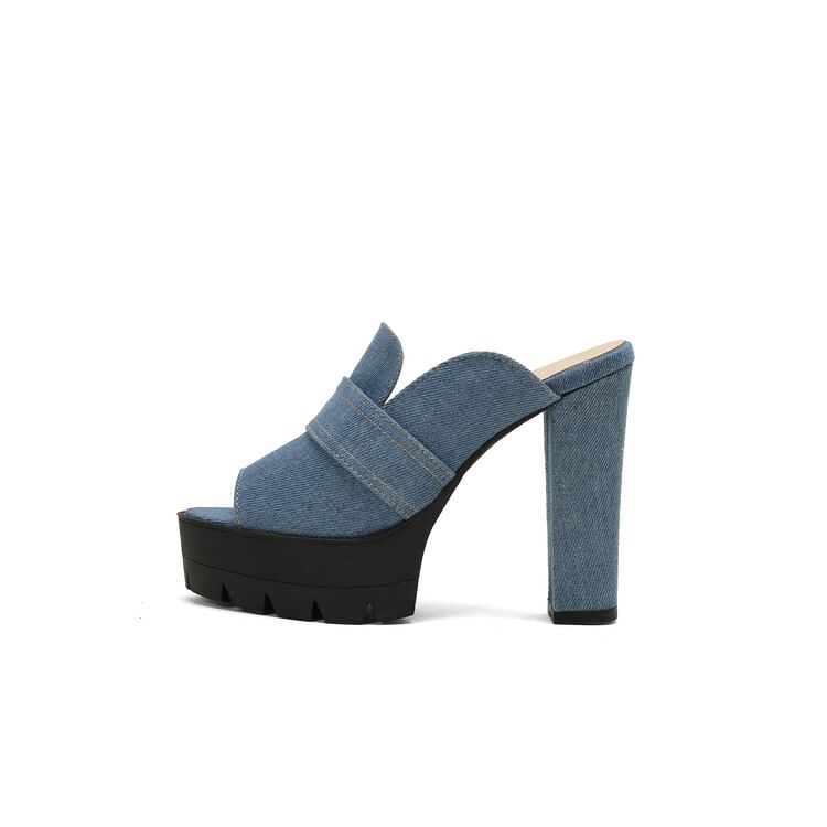 Chunky Heel Washed Denim Sandals