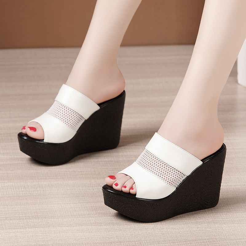 Platform Wedge Mesh Faux Leather Slide Sandals
