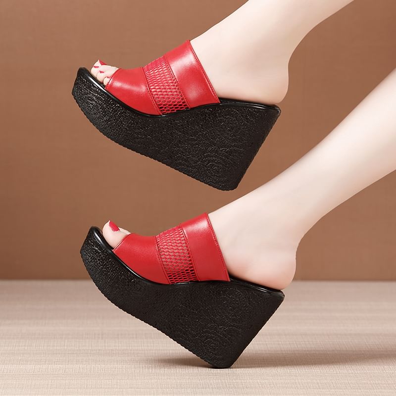 Platform Wedge Mesh Faux Leather Slide Sandals
