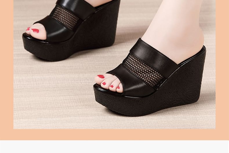 Platform Wedge Mesh Faux Leather Slide Sandals