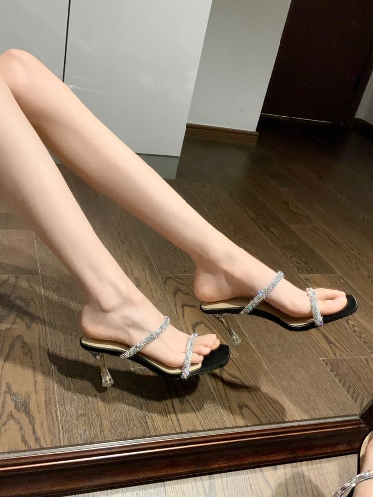 Rhinestone High Heel Slide Sandals