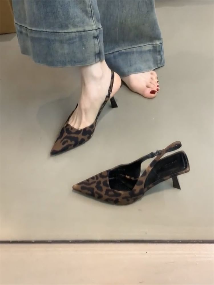 Pointed Leopard Print High Heel Slingback Sandals