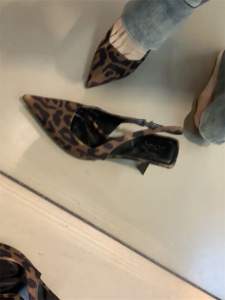 Pointed Leopard Print High Heel Slingback Sandals