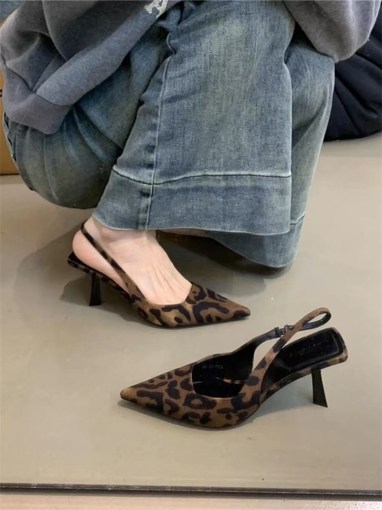 Pointed Leopard Print High Heel Slingback Sandals