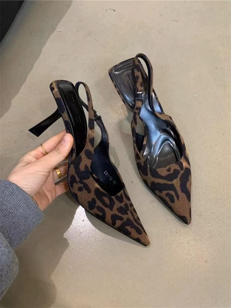 Pointed Leopard Print High Heel Slingback Sandals