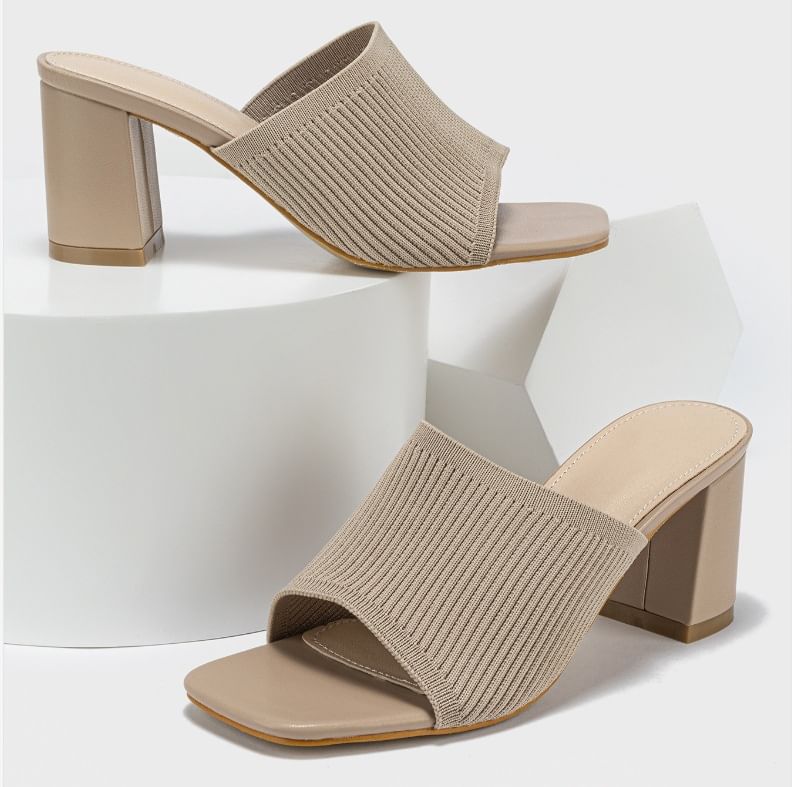 Square Toe Knit Slide Sandals Chunky Heel