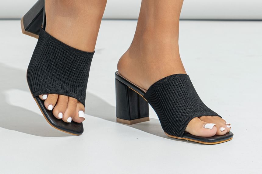Square Toe Knit Slide Sandals Chunky Heel