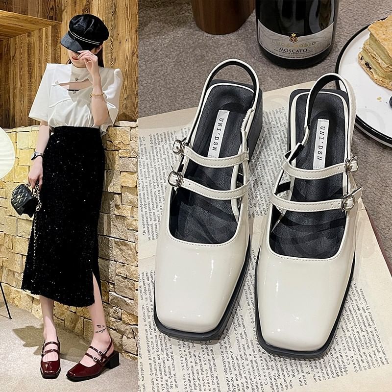 Buckled Slingback Mary Jane Sandals Chunky Square Heel