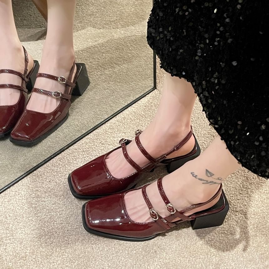 Buckled Slingback Mary Jane Sandals Chunky Square Heel