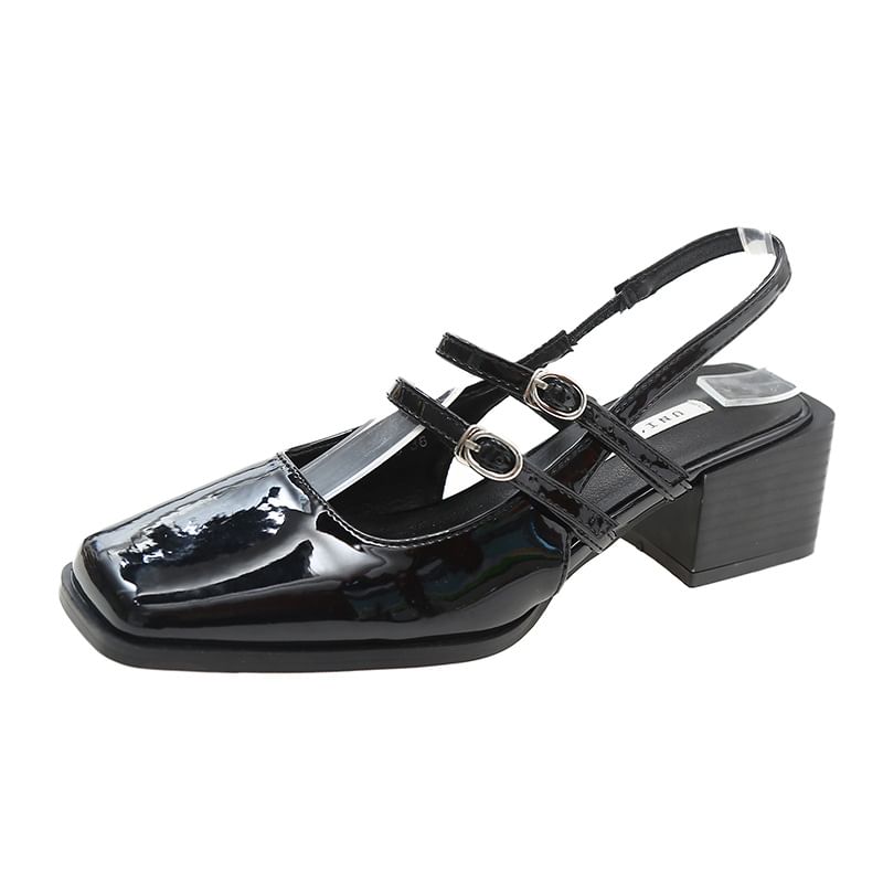 Buckled Slingback Mary Jane Sandals Chunky Square Heel