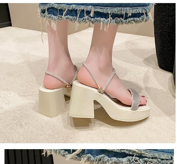 Square Toe Rhinestone Strap Sandals Chunky Heel
