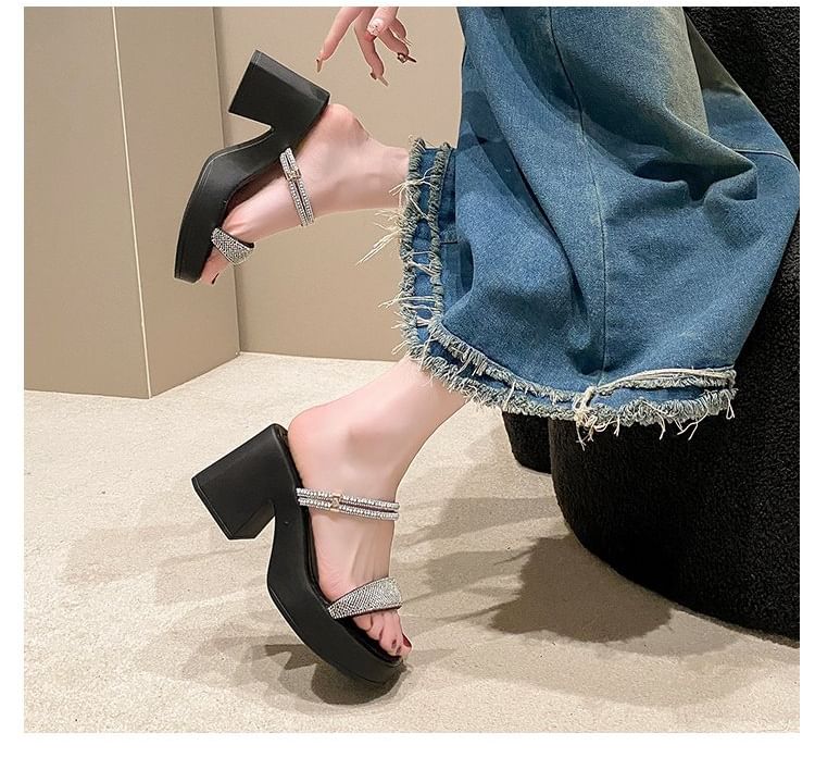 Square Toe Rhinestone Strap Sandals Chunky Heel