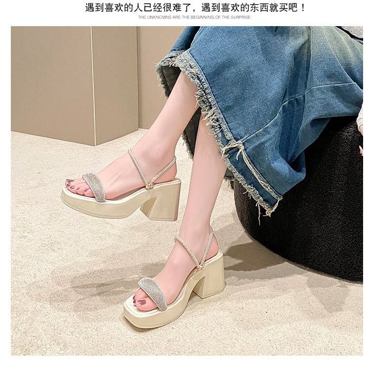 Square Toe Rhinestone Strap Sandals Chunky Heel