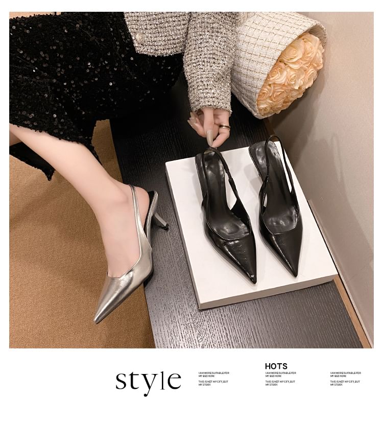 Faux Leather Pointed Slingback Sandals Kitten Heel