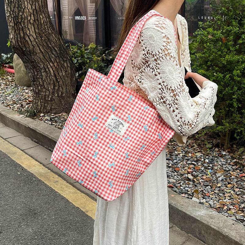 Plaid Bow Ribbon Print Applique Light Tote Bag