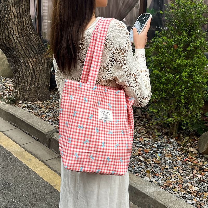 Plaid Bow Ribbon Print Applique Light Tote Bag
