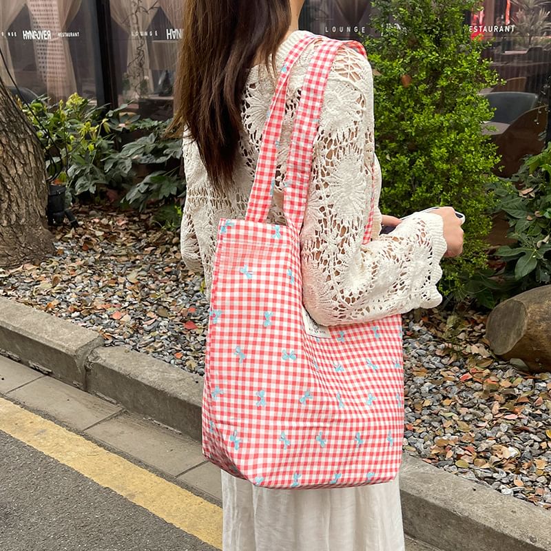 Plaid Bow Ribbon Print Applique Light Tote Bag