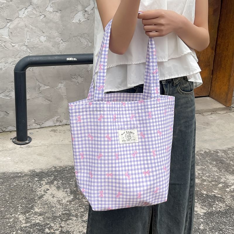 Plaid Bow Ribbon Print Applique Light Tote Bag