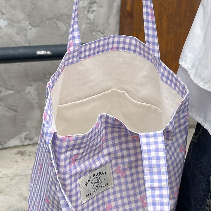 Plaid Bow Ribbon Print Applique Light Tote Bag