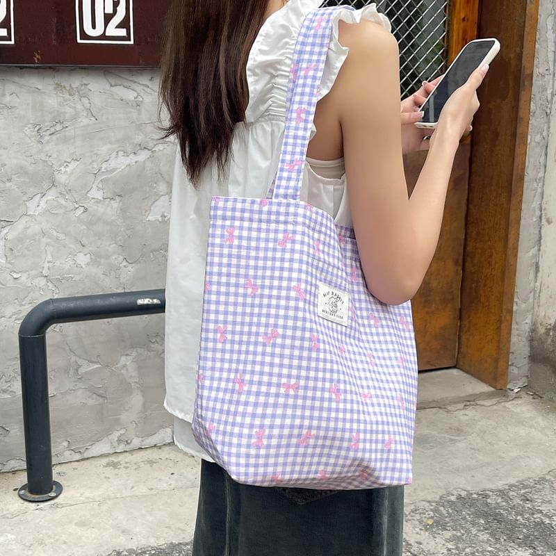 Plaid Bow Ribbon Print Applique Light Tote Bag