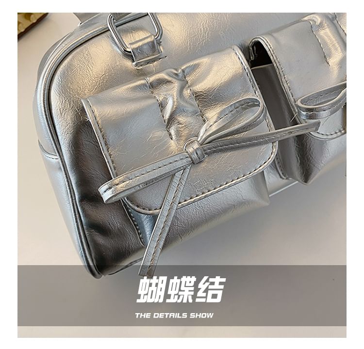 Plain Bow Accent Faux Leather Bowler Bag / Ribbon / Set