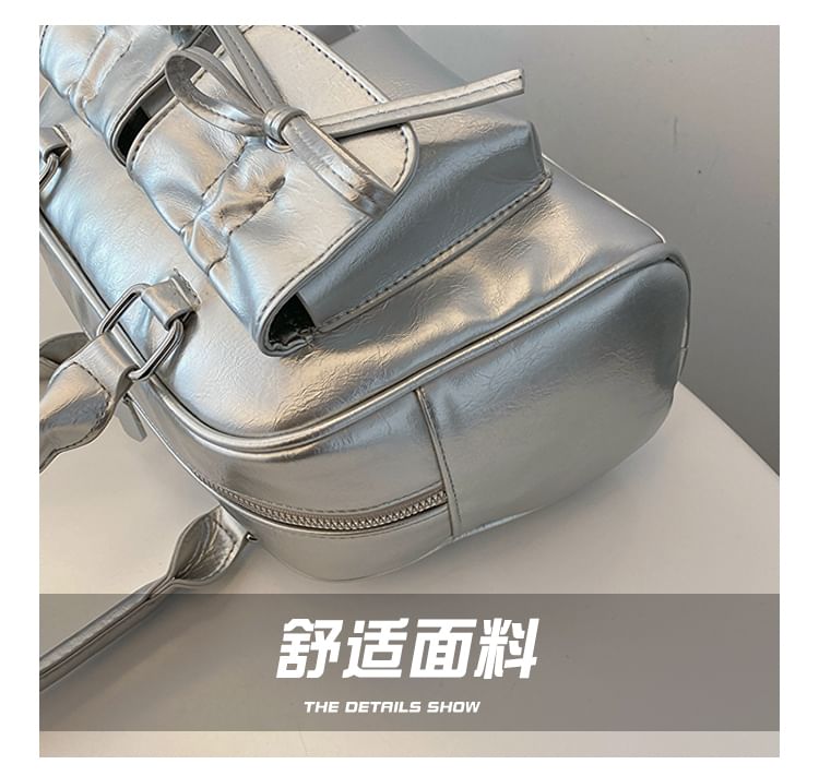 Plain Bow Accent Faux Leather Bowler Bag / Ribbon / Set