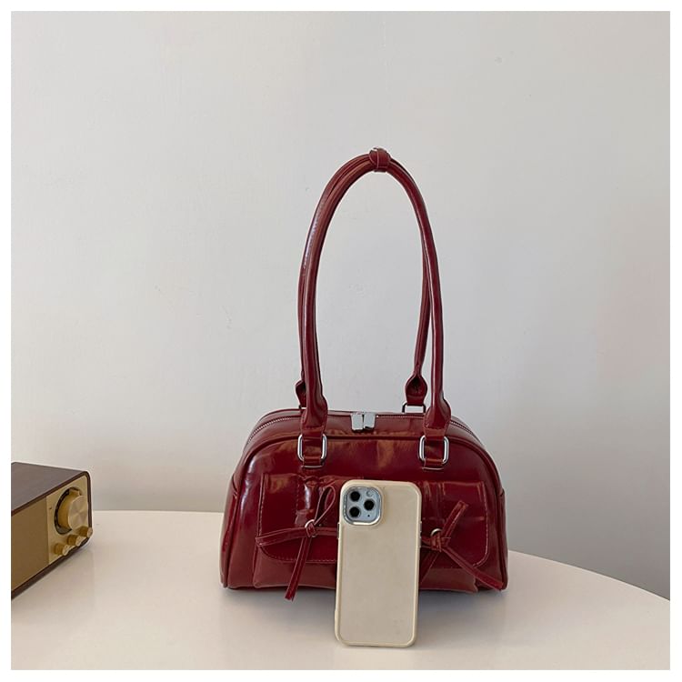 Plain Bow Accent Faux Leather Bowler Bag / Ribbon / Set