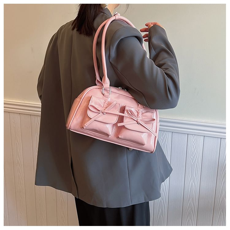 Plain Bow Accent Faux Leather Bowler Bag / Ribbon / Set