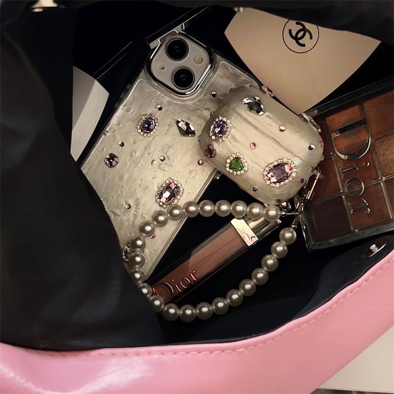Rhinestone AirPods / Pro Earphone Case Skin / Faux Pearl Strap / Set