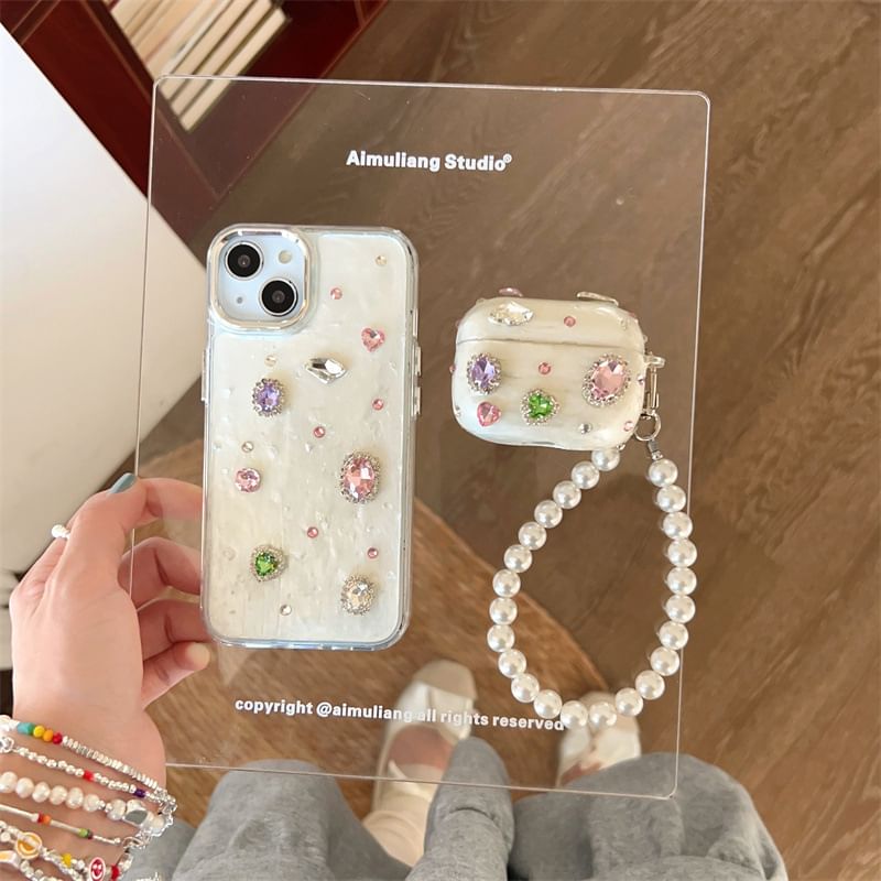 Rhinestone AirPods / Pro Earphone Case Skin / Faux Pearl Strap / Set